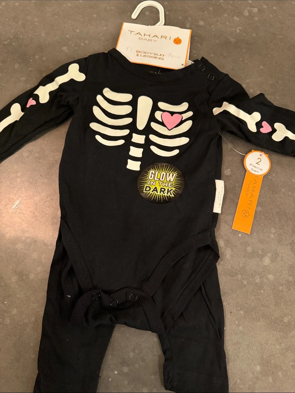 Tahari Black Glow-in-the-Dark Skeleton Bodysuit with Pink Heart Accents